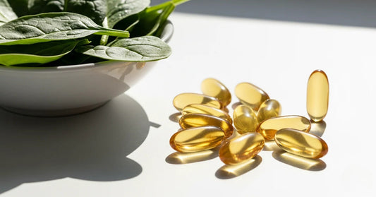 Yellow capsules and a bowl of spinach on a white surface