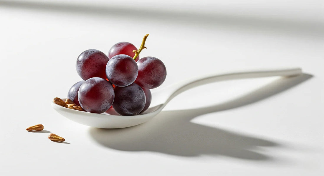 Bunch of grapes on a white spoon against a light background