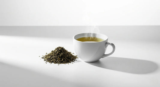 White cup of green tea with tea leaves on a white background