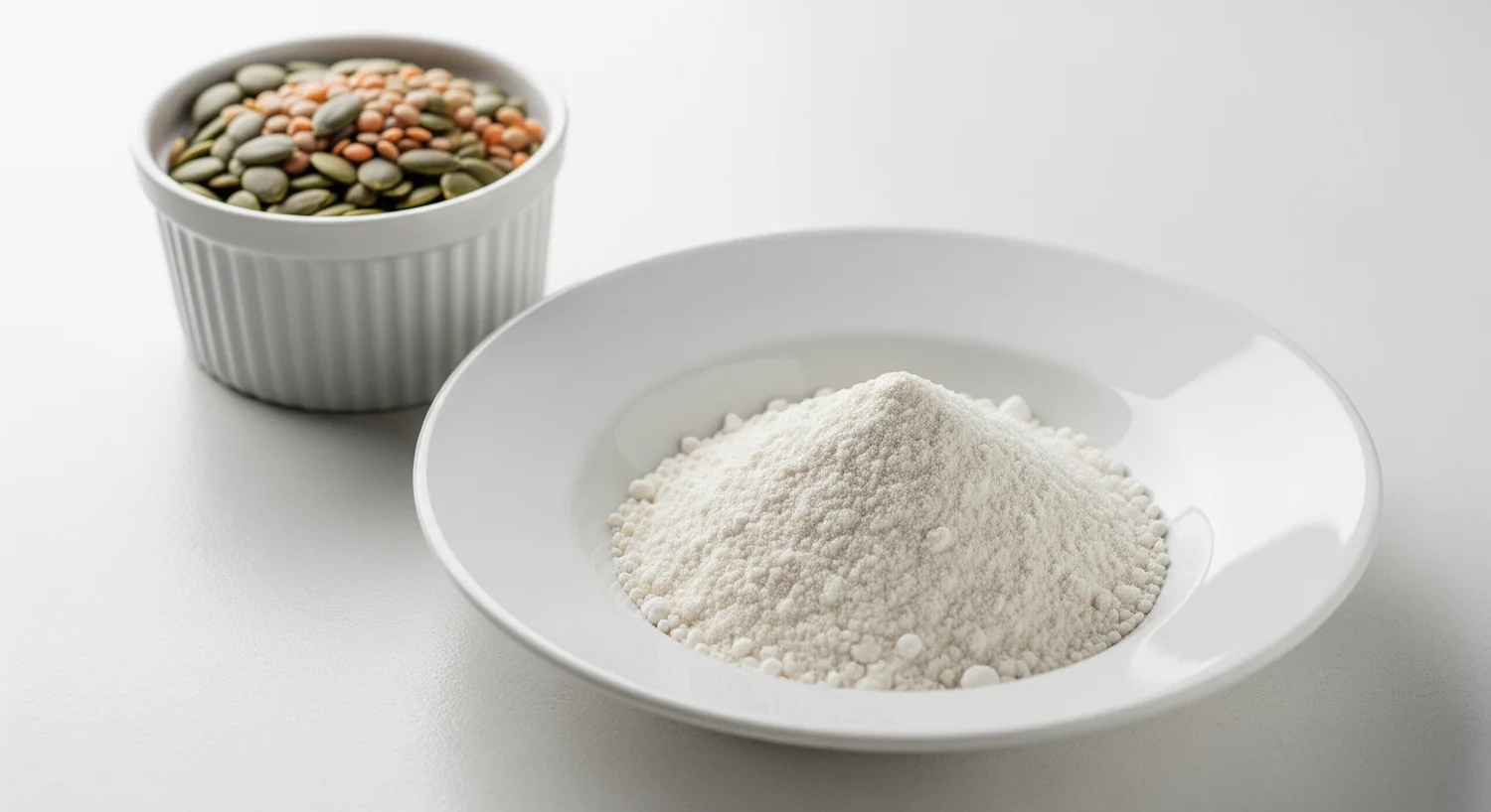 White bowl with flour and small container of mixed seeds on a white background