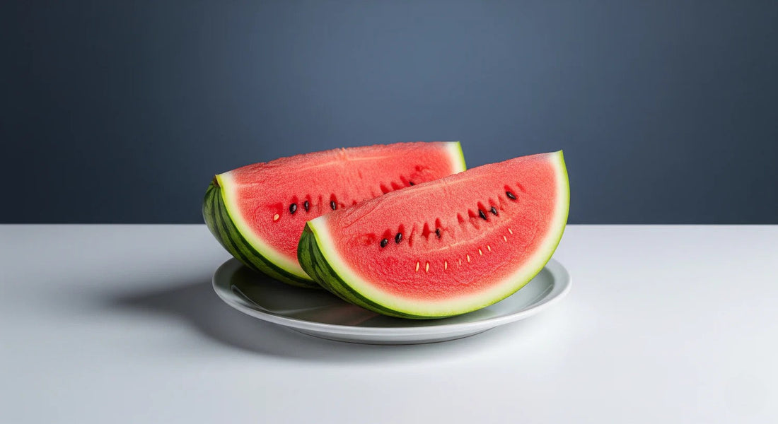 Two slices of watermelon on a white plate with a dark background