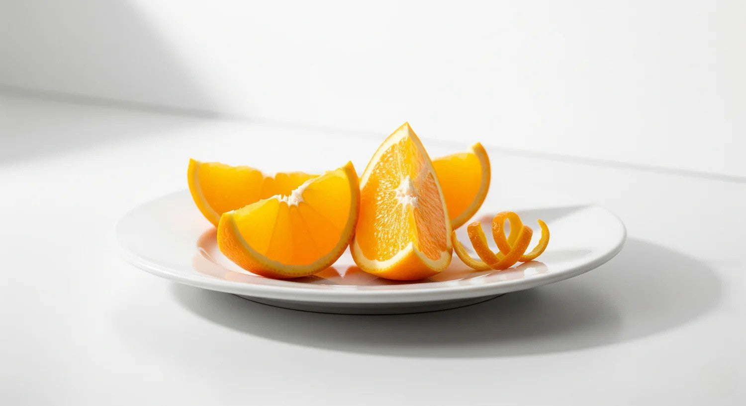 Sliced oranges on a white plate with a white background