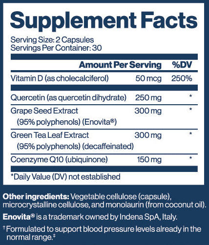 BP360 Blood Pressure Support supplement label with text and graphics.