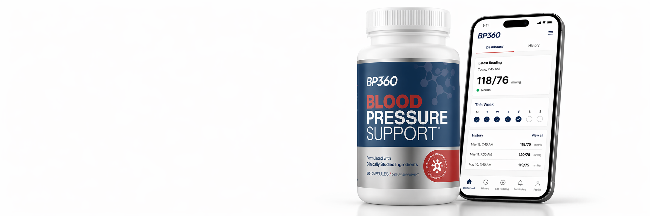 BP360 blood pressure support supplement bottle with smartphone displaying app on a white background