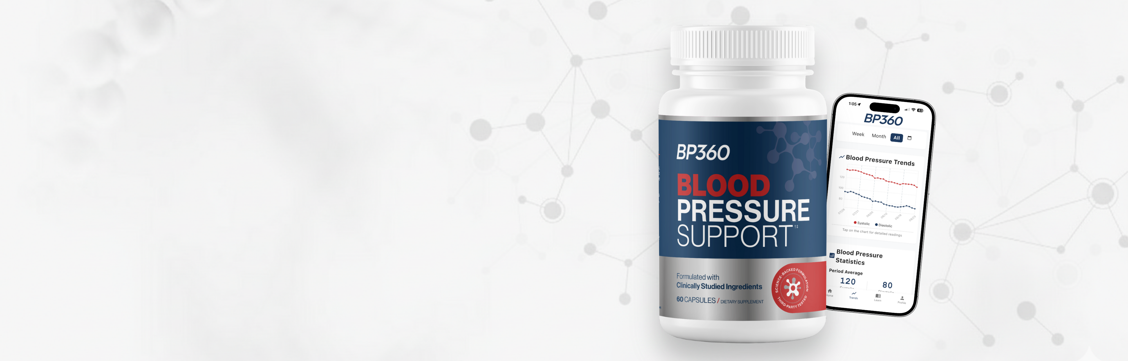 BP360 Pressure Support supplement bottle with smartphone displaying app on a light gray background