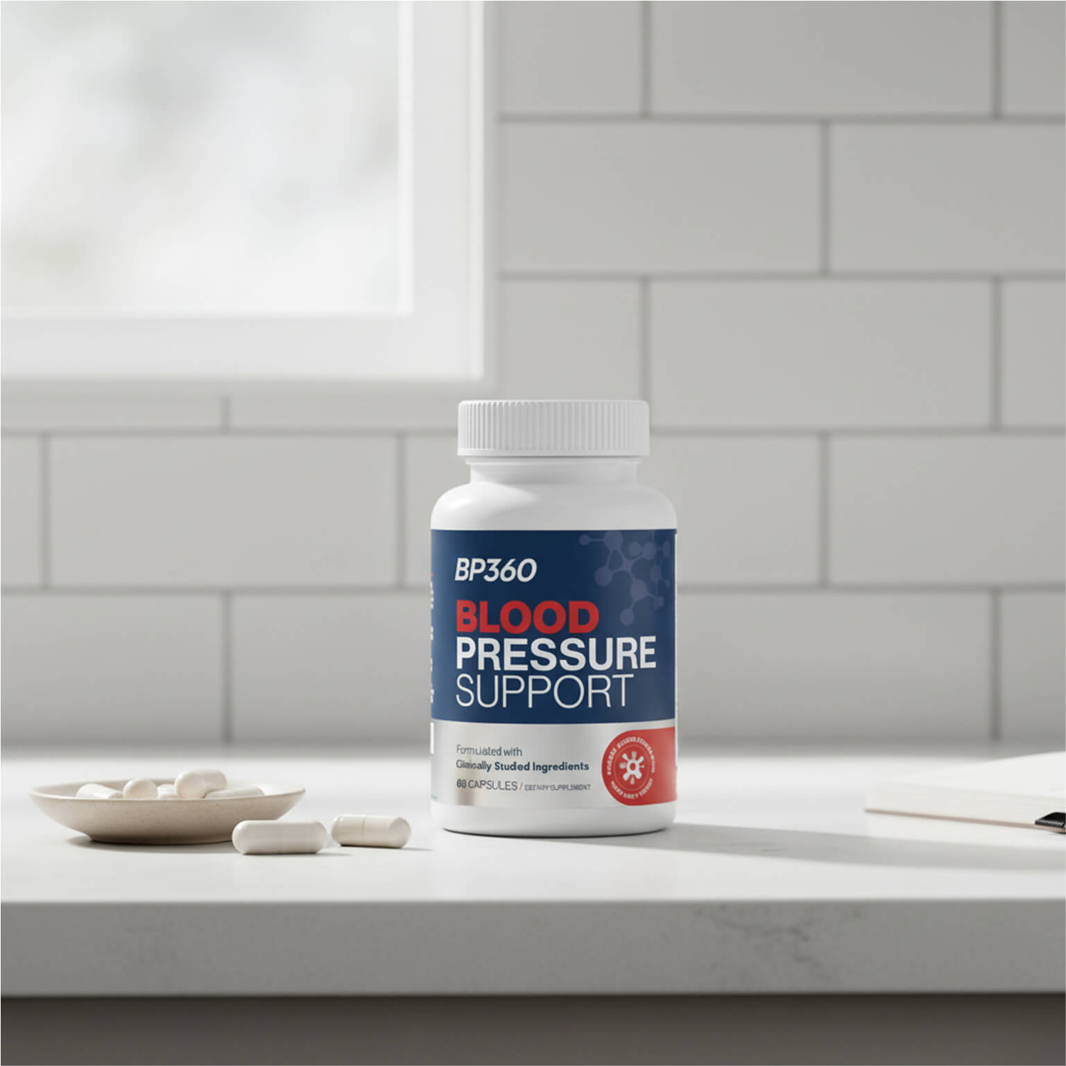 BP360 Blood Pressure Support supplement bottle on a kitchen counter with a tiled wall background
