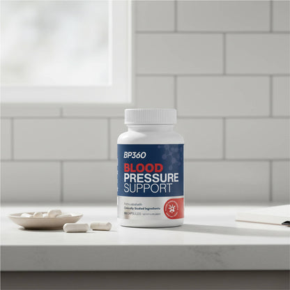BP360 Blood Pressure Support supplement bottle on a kitchen counter with a tiled wall background