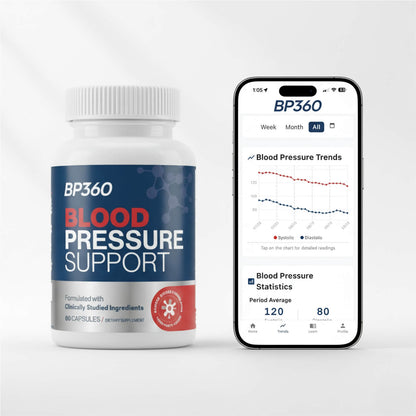 BP360 Blood Pressure Support supplement bottle and smartphone app on a white background