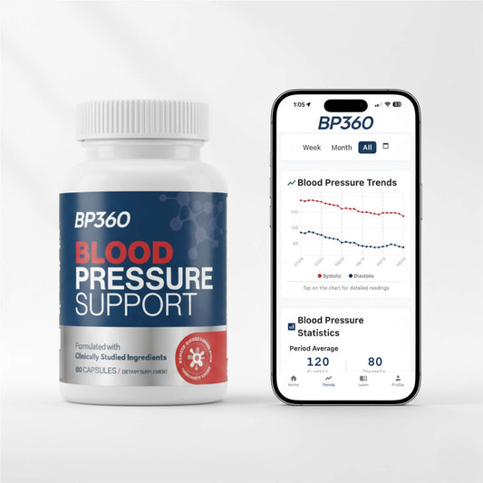 BP360 Blood Pressure Support supplement bottle and smartphone app on a white background