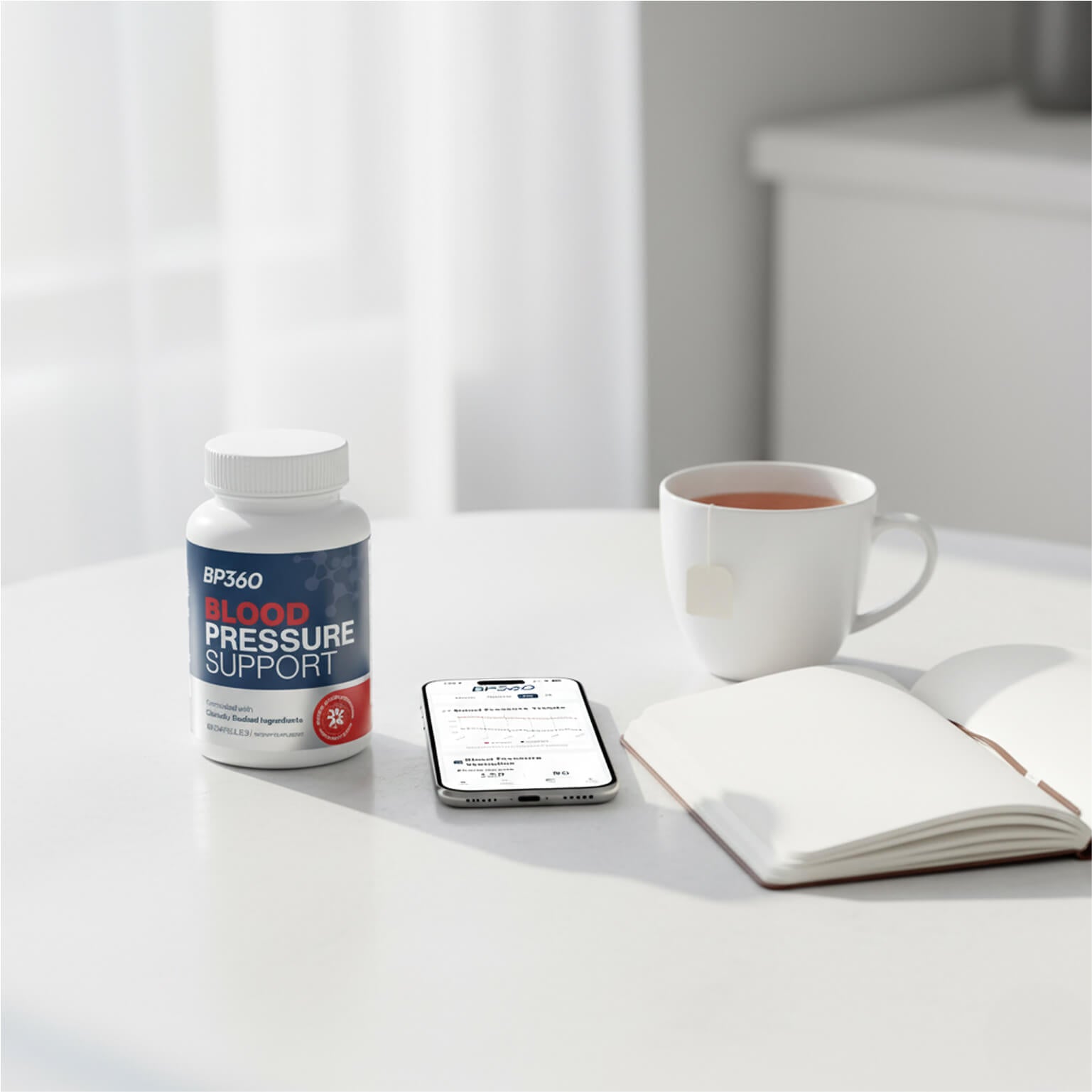 Bottle of BP2GO Blood Pressure Support on a table with a phone, mug, and notebook.