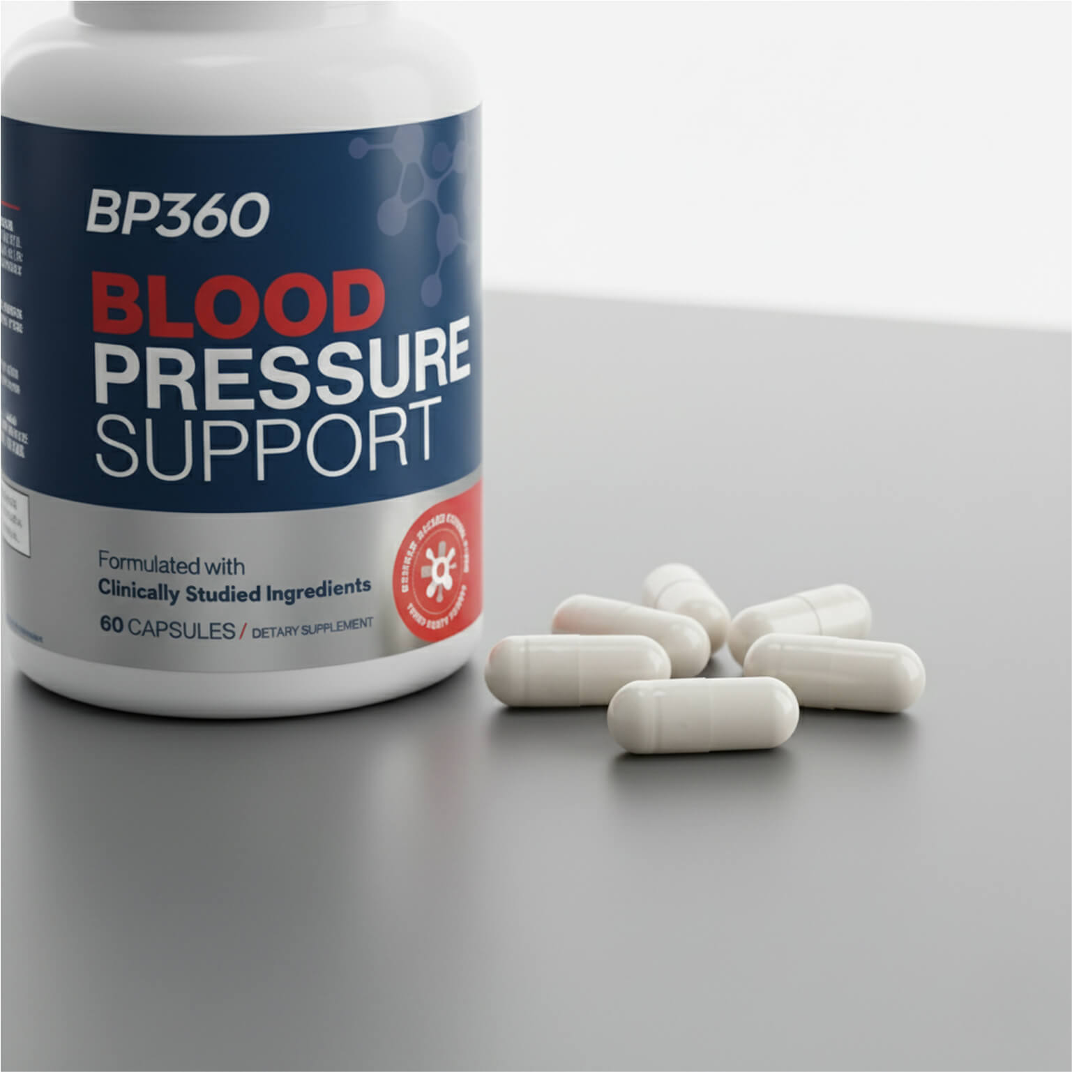BP360 Blood Pressure Support supplement bottle with capsules on a gray surface