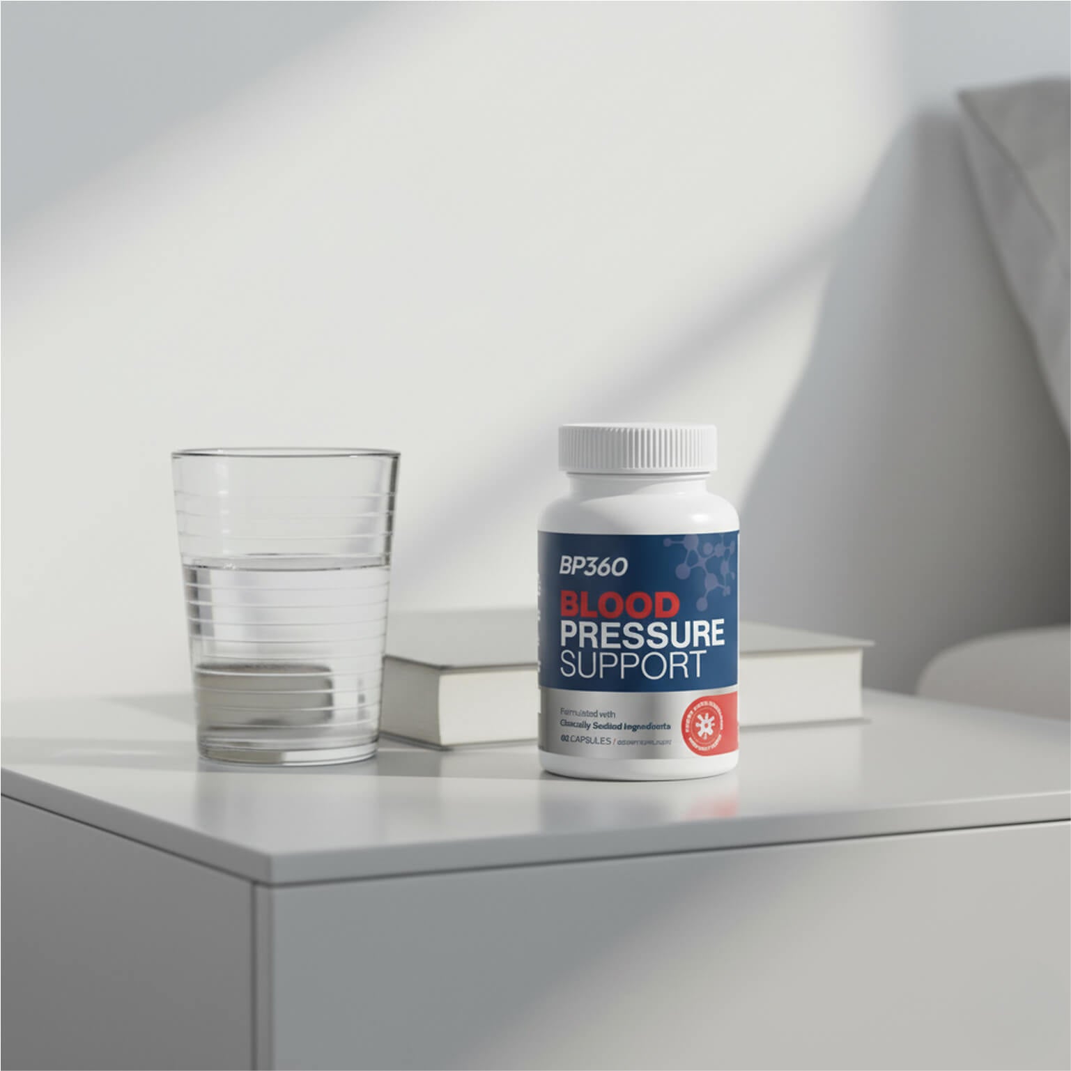 BP360 Blood Pressure Support supplement bottle on a surface with a glass of water and books in the background.