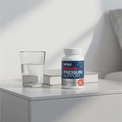 BP360 Blood Pressure Support supplement bottle on a surface with a glass of water and books in the background.