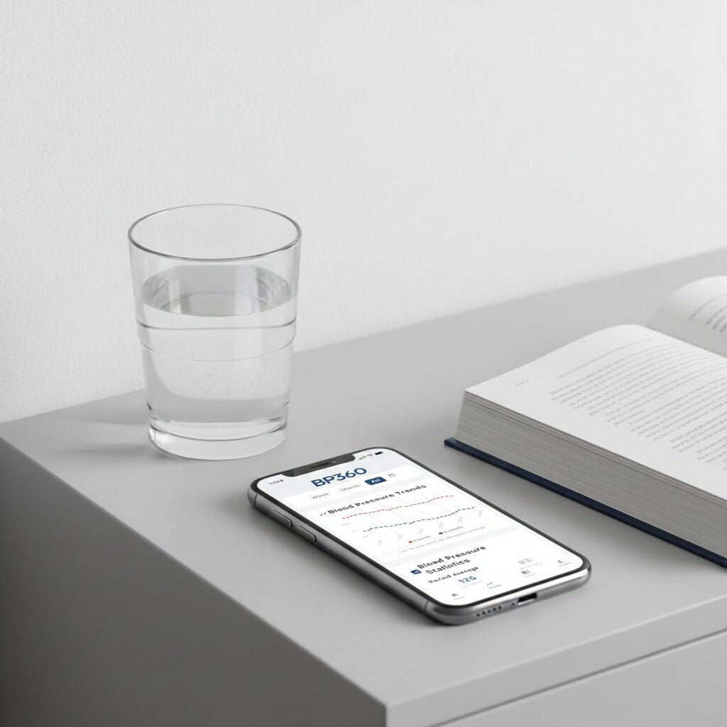 Smartphone displaying a BP&CO app on a desk with a glass of water and notebook.
