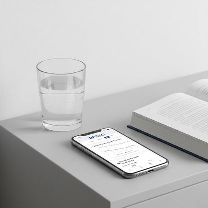 Smartphone displaying a BP&CO app on a desk with a glass of water and notebook.