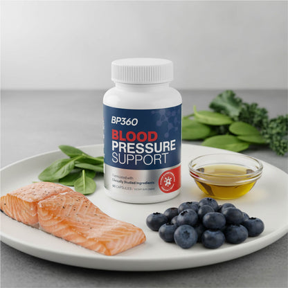 BP360 Blood Pressure Support supplement bottle on a plate with salmon, blueberries, and greens.