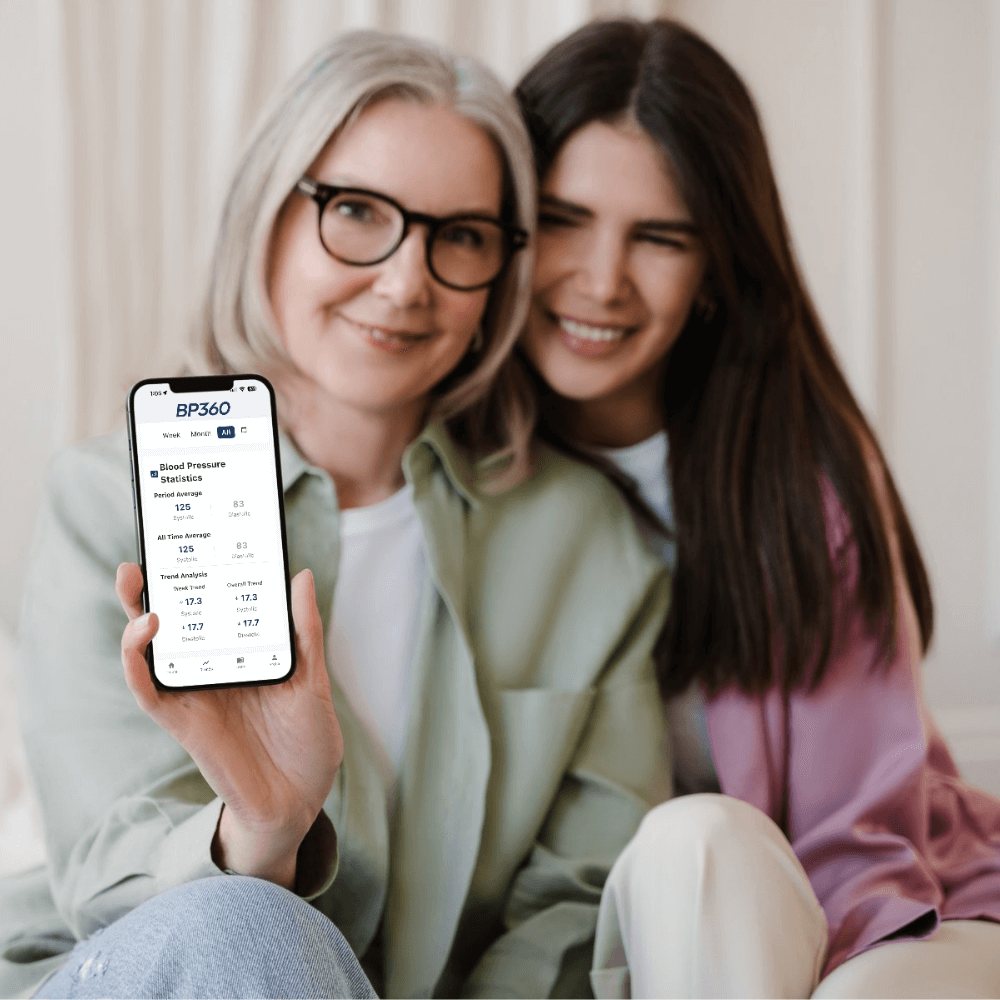 Two women holding a phone displaying a BP360 app interface.