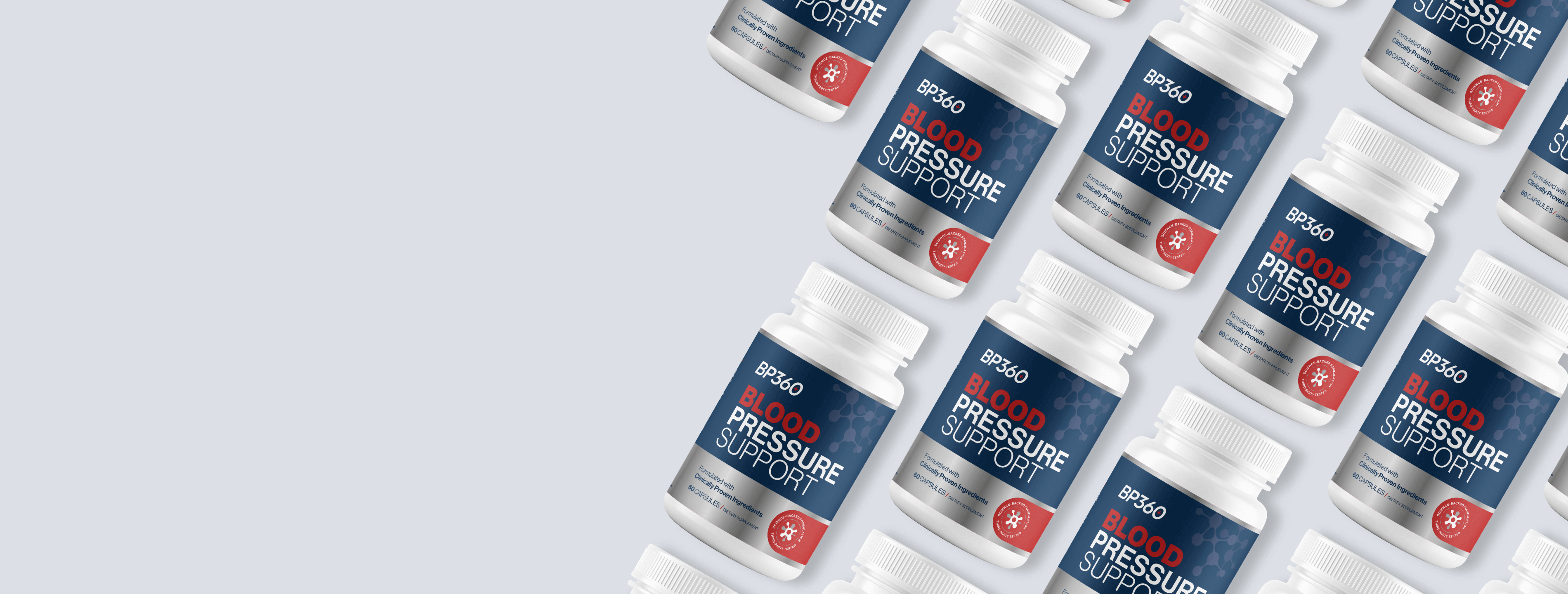 Multiple bottles of a supplements on a light gray background
