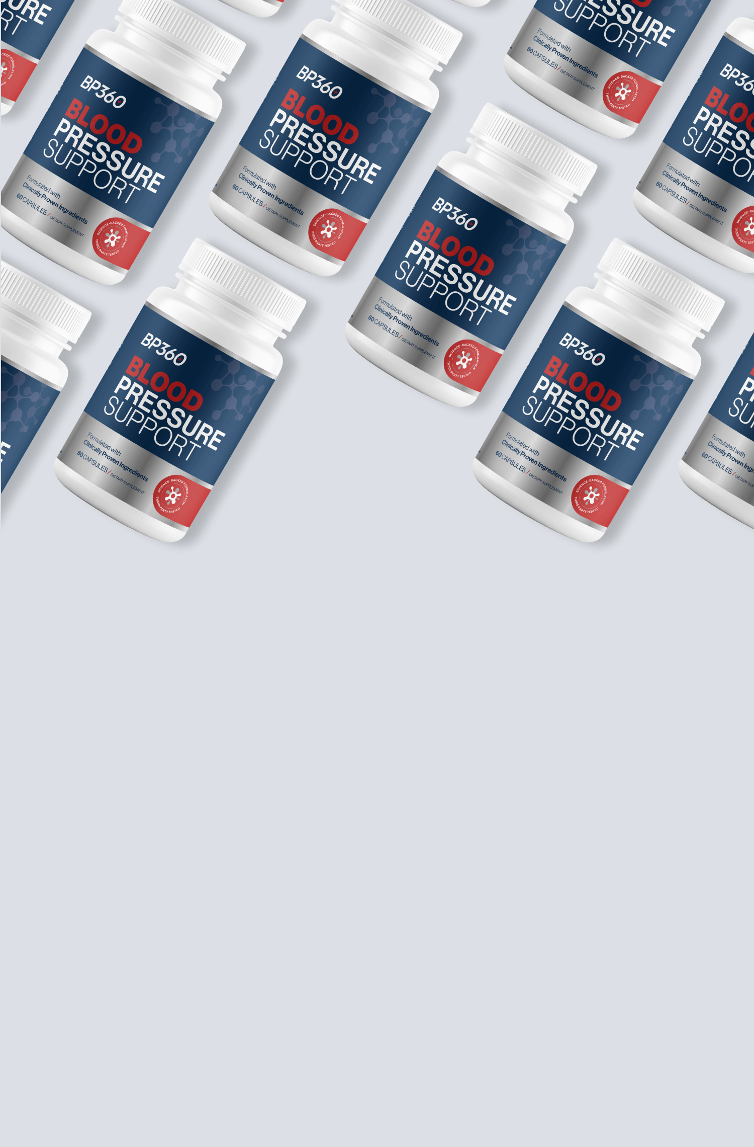Multiple bottles of Blood Pressure Support supplement on a light gray background