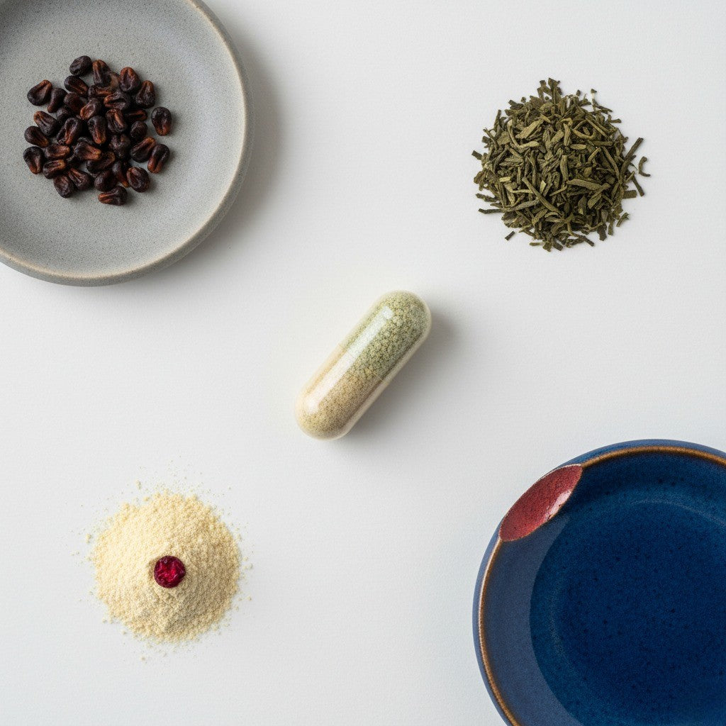Spices and a capsule on a white surface with a blue bowl.