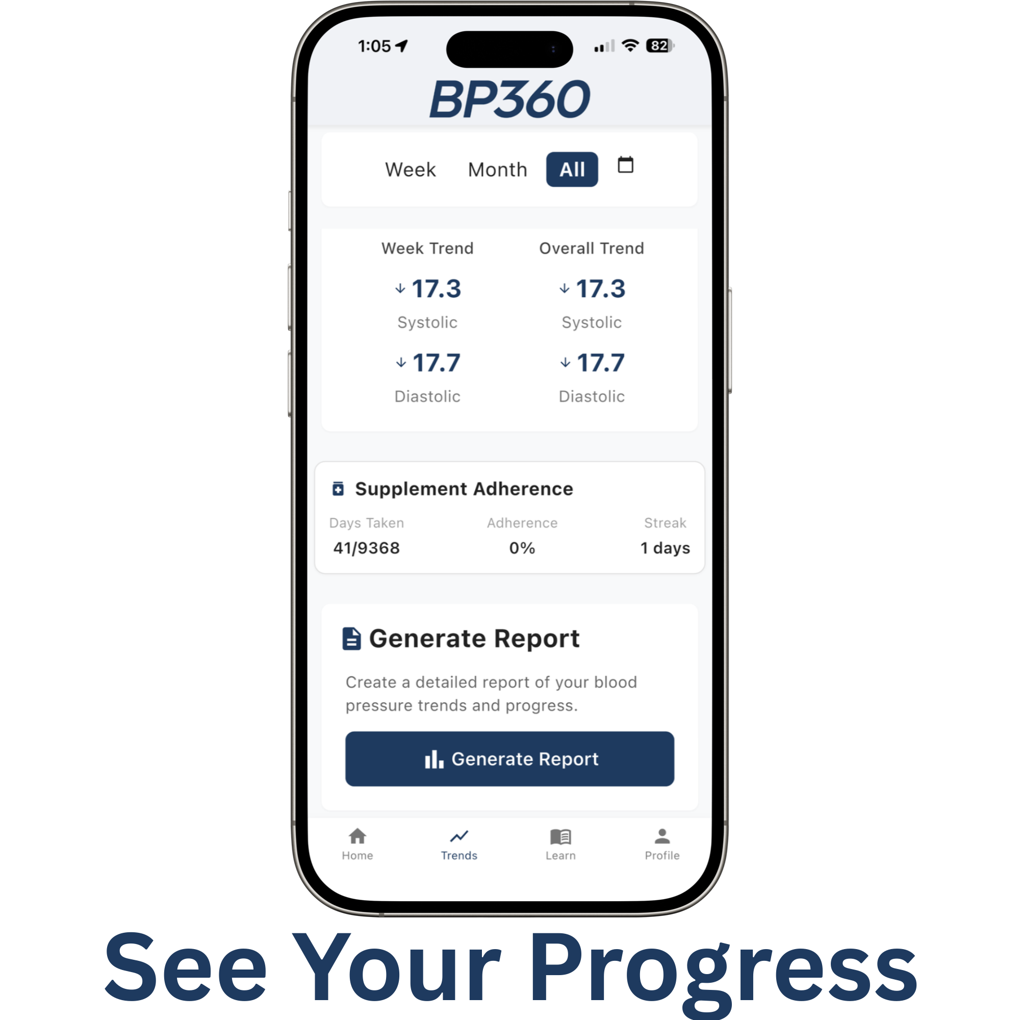 Phone displaying BP360 app with blood pressure monitoring data