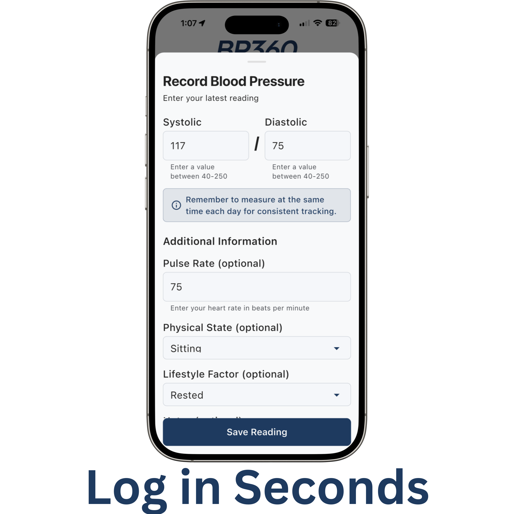 Phone app interface for recording blood pressure with systolic and diastolic readings.