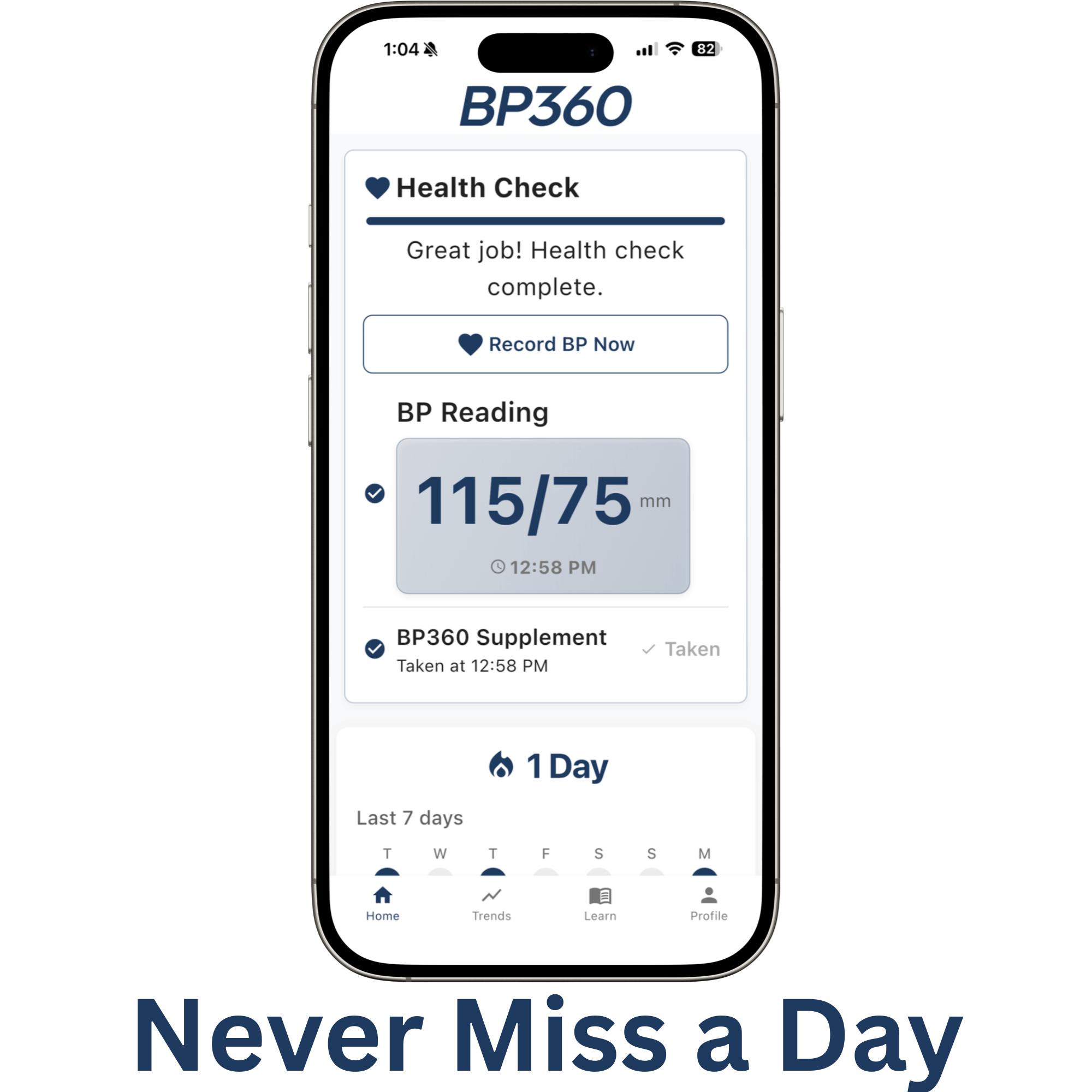 Phone displaying BP360 health check app with BP reading and supplement intake.