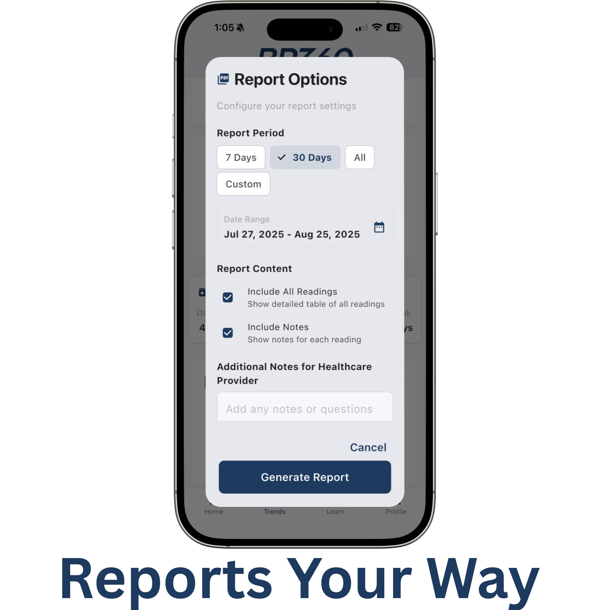 Phone screen displaying report options with 'Reports Your Way' text at the bottom.