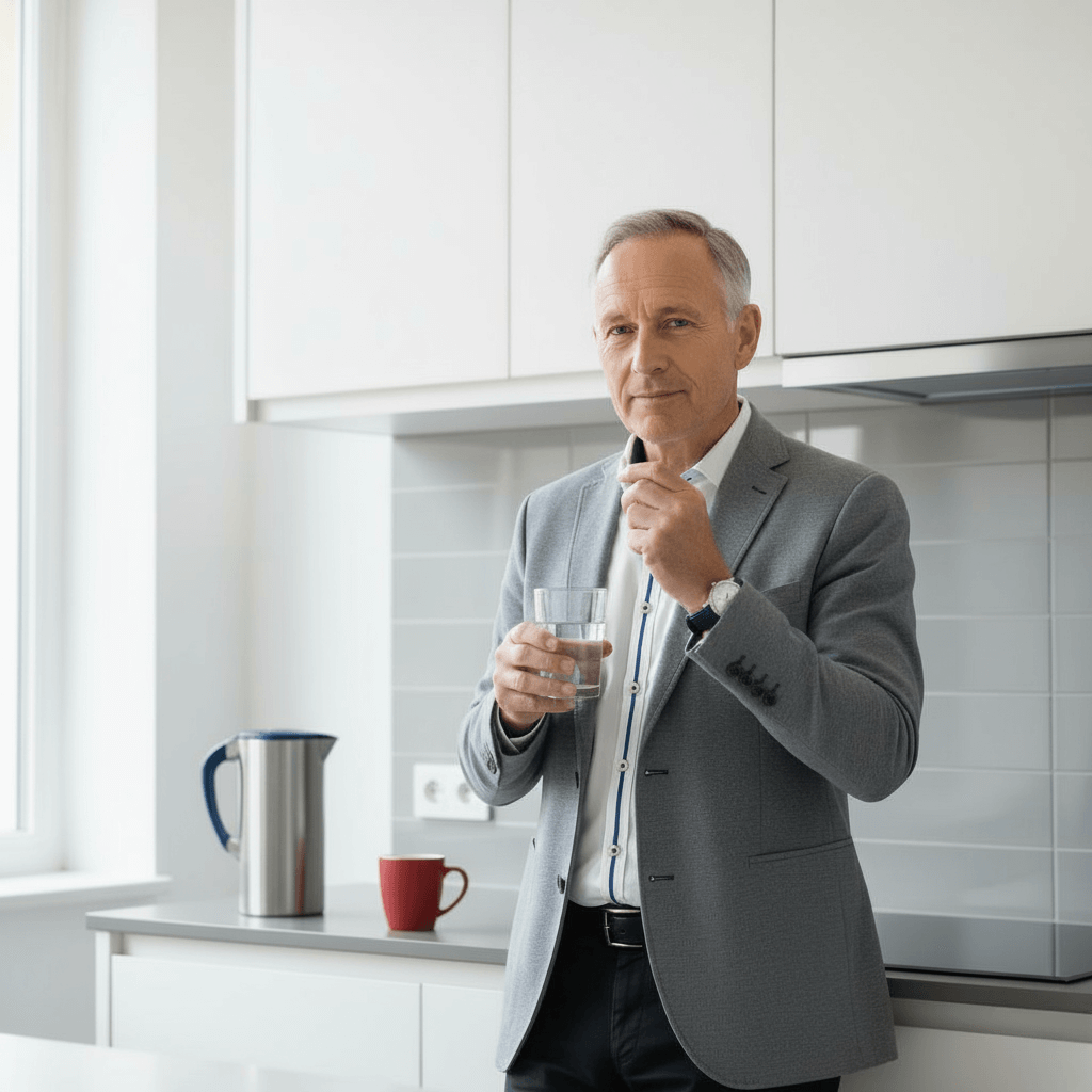 Man in a gray suit holding a glass of water in a kitchen.
