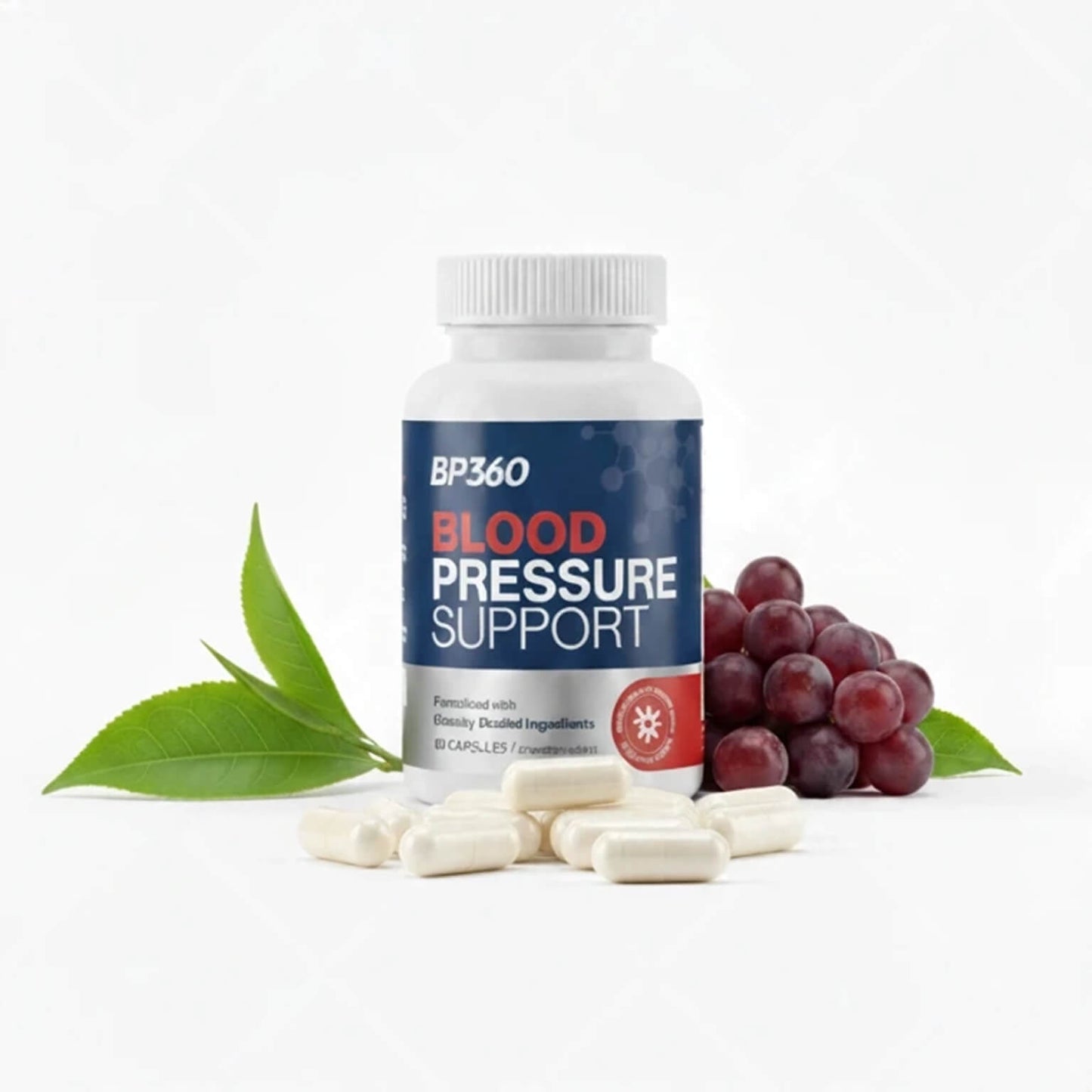 BP360 Blood Pressure Support supplement bottle with capsules and grapes
