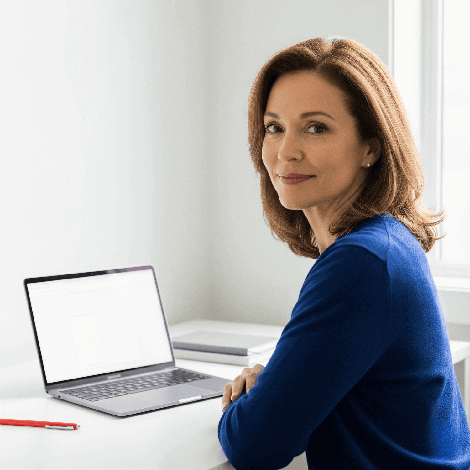 Woman sitting at a desk with a laptop, wearing a blue shirt.