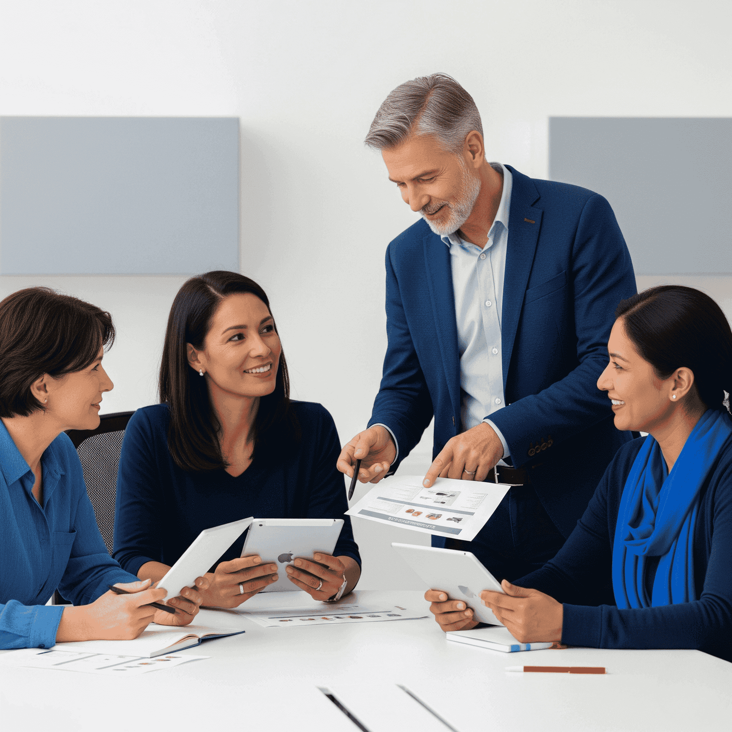 Group of professionals in a meeting with tablets and documents.